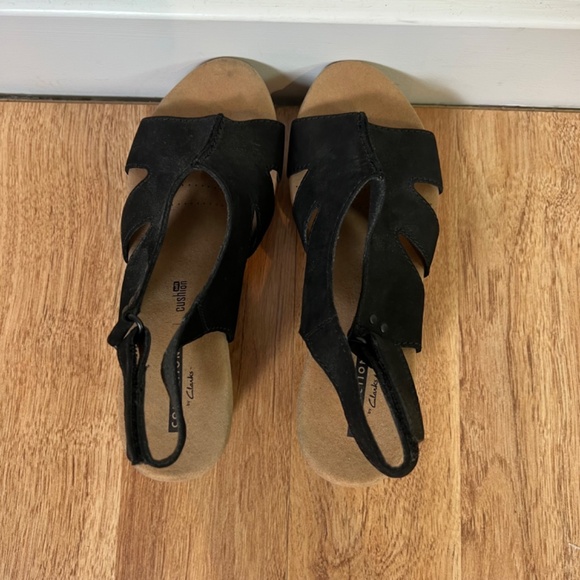 Clarks Collection Black Wedge Open Toe Heels - Picture 5 of 8